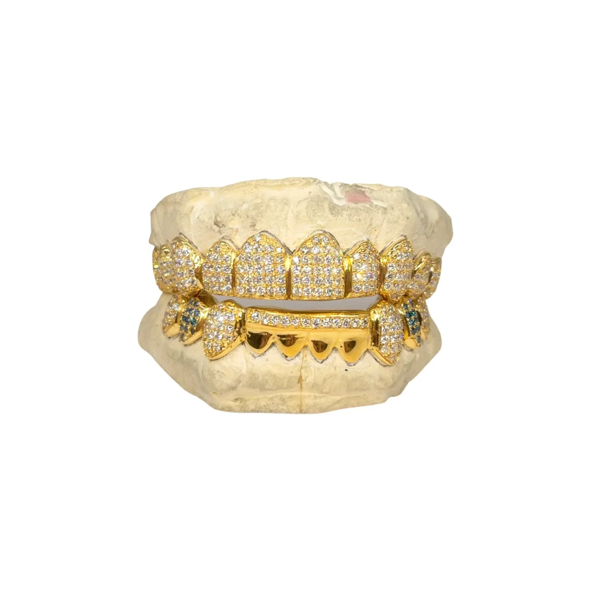 Custom Straight Setting with Diamond Bar and Blue Diamond Fangs Grillz - Image 2