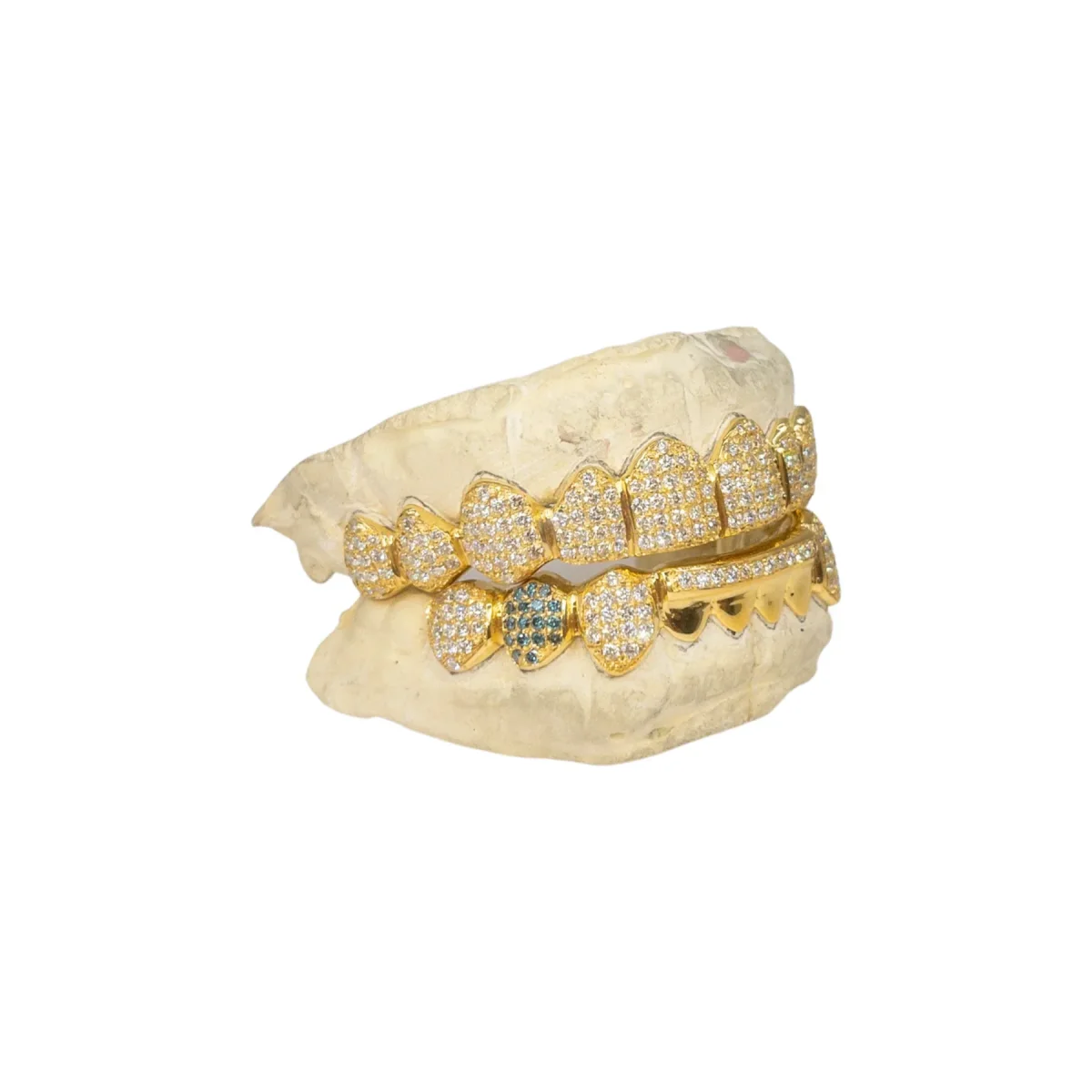 Custom Straight Setting with Diamond Bar and Blue Diamond Fangs Grillz - Image 3