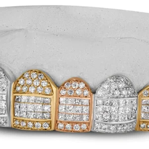 Tri Colors Yellow, White,rose Honeycomb Prong / Invisbale Set Diamond Grill